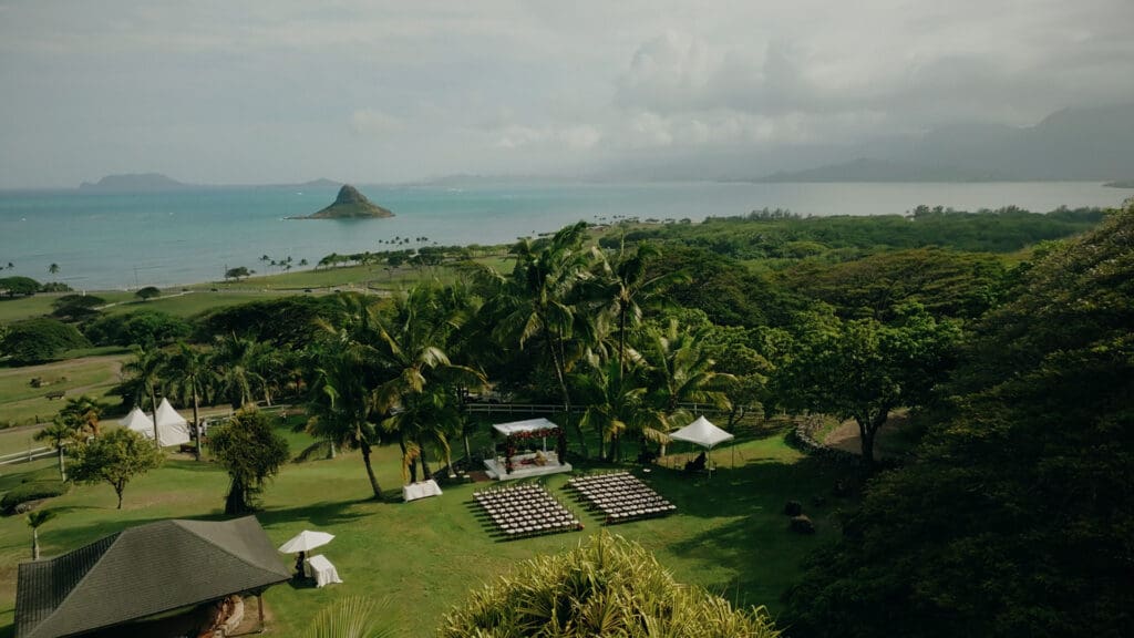 Drone view of wedding ceremony at Paliku Gardens on Oahu
