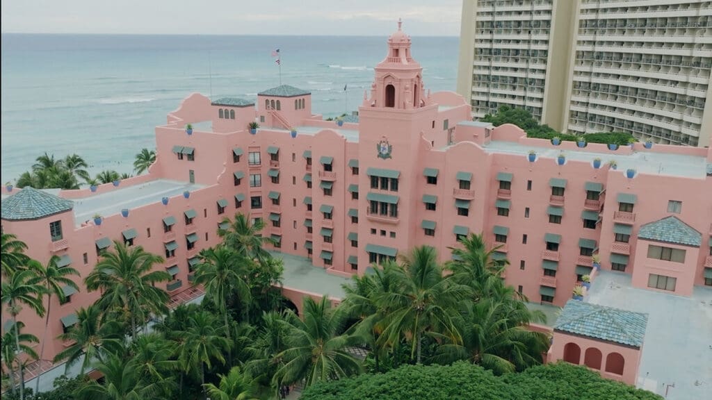 Indian wedding Sangeet celebration at The Royal Hawaiian, captured by Oahu wedding filmmaker Jon Bodhi at the iconic Pink Palace in Honolulu.