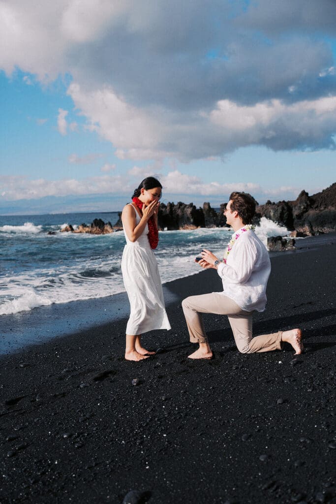 Surprise proposal on the black sand beach at Kiholo Bay, Big Island Hawaii